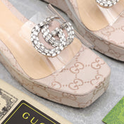 HIGH WEDGE PLATFORM IN ALMOND BEIGE CANVAS WITH DOUBLE CRYSTAL G BUCKLE