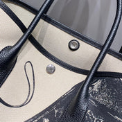 GARDEN PARTY 36 IN BEIGE AND BLACK TOILE H CANVAS BLACK CALFSKIN HORSE TACK SKETCH PRINT