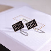 MIUMIU 26S RECTANGULAR LOGO CHAIN STUD EARRINGS IN BLACK ENAMEL AND SILVER TONE METAL 629947