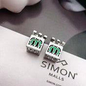 MIUMIU 26S CUBE LOGO CRYSTAL STUD EARRINGS IN MULTICOLOR ENAMEL AND SILVER TONE METAL 630875