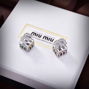 MIUMIU 26S CUBE LOGO CRYSTAL STUD EARRINGS IN MULTICOLOR ENAMEL AND SILVER TONE METAL 630875