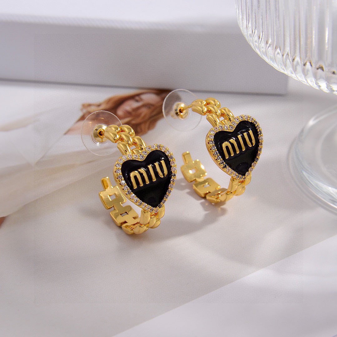 MIUMIU 26S MIU HEART LOGO HOOP EARRINGS WITH CRYSTALS IN GOLD TONE METAL 633205