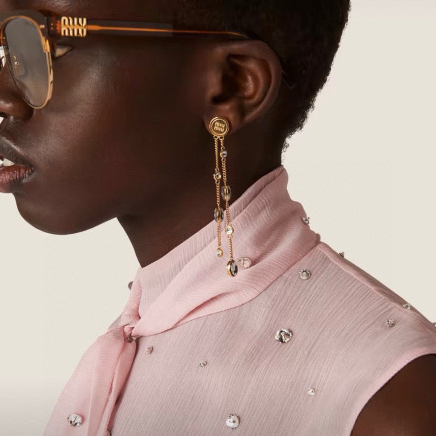 MIUMIU 26S CRYSTAL CHAIN DROP EARRINGS IN GOLD TONE METAL 633263