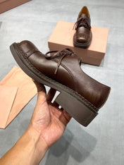 MIUMIU 26S LACE-UP LOAFERS IN CHOCOLATE BROWN GRAINED CALFSKIN