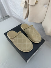 CC Khaki Green Suede Gold Chain Mules