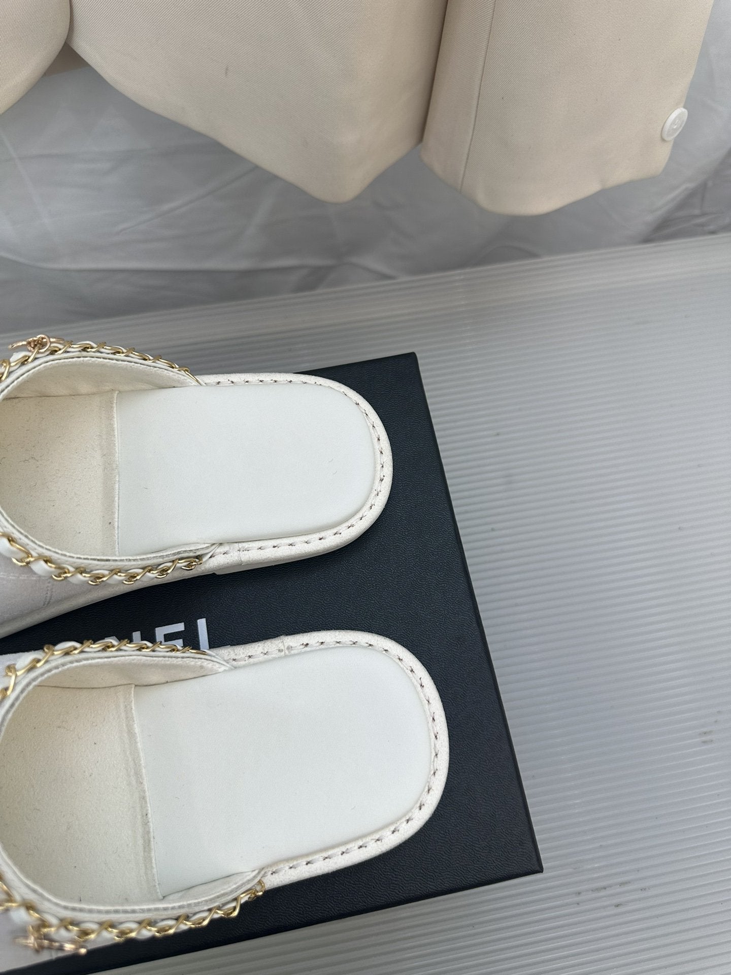 CC White Suede Gold Chain Mules