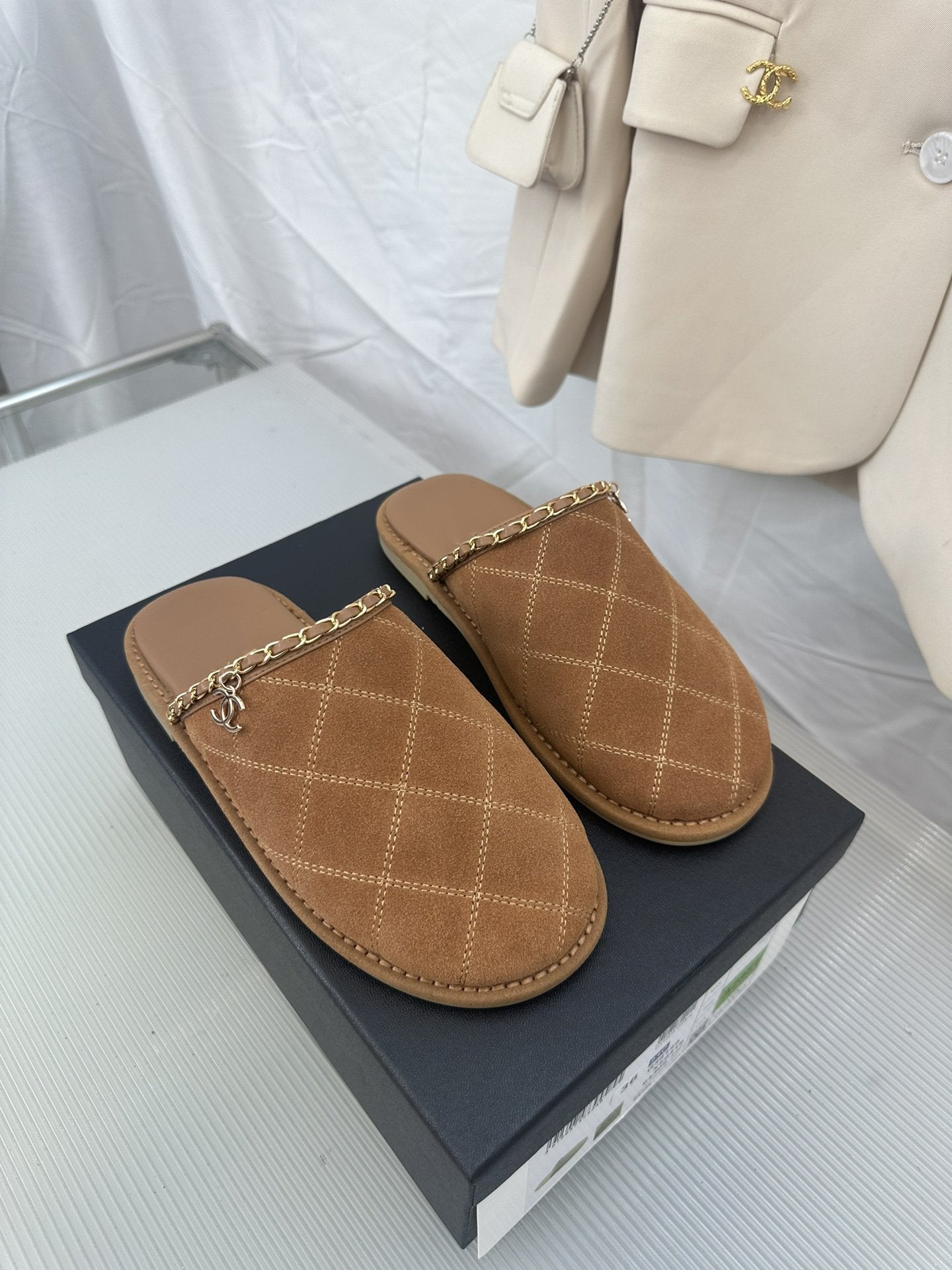 CC Brown Suede Gold Chain Mules