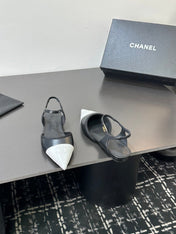 CHANEL 26S FLAT POINTED-TOE SLINGBACKS  IN BLACK AND WHITE LAMBSKIN