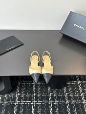 CHANEL 26S POINTED-TOE SLINGBACKS IN BEIGE AND BLACK LAMBSKIN