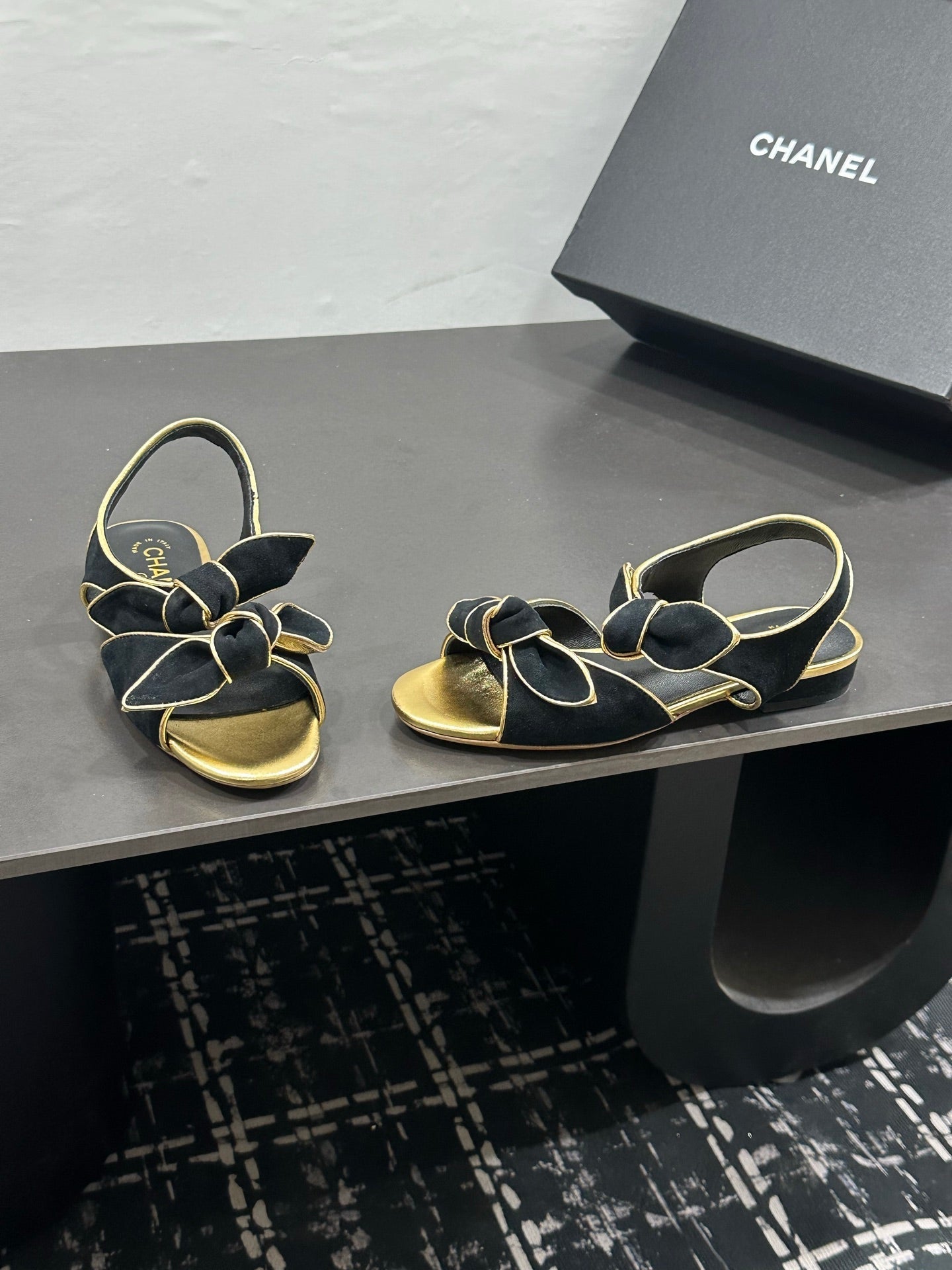 CHANEL 26S BOW SANDALS IN BLACK MIX GOLD SATIN