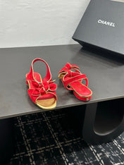 CHANEL 26S BOW SANDALS IN RED AND GOLD SUEDE