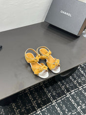 CHANEL 26S BOW SANDALS IN MUSTARD YELLOW AND SILVER SUEDE