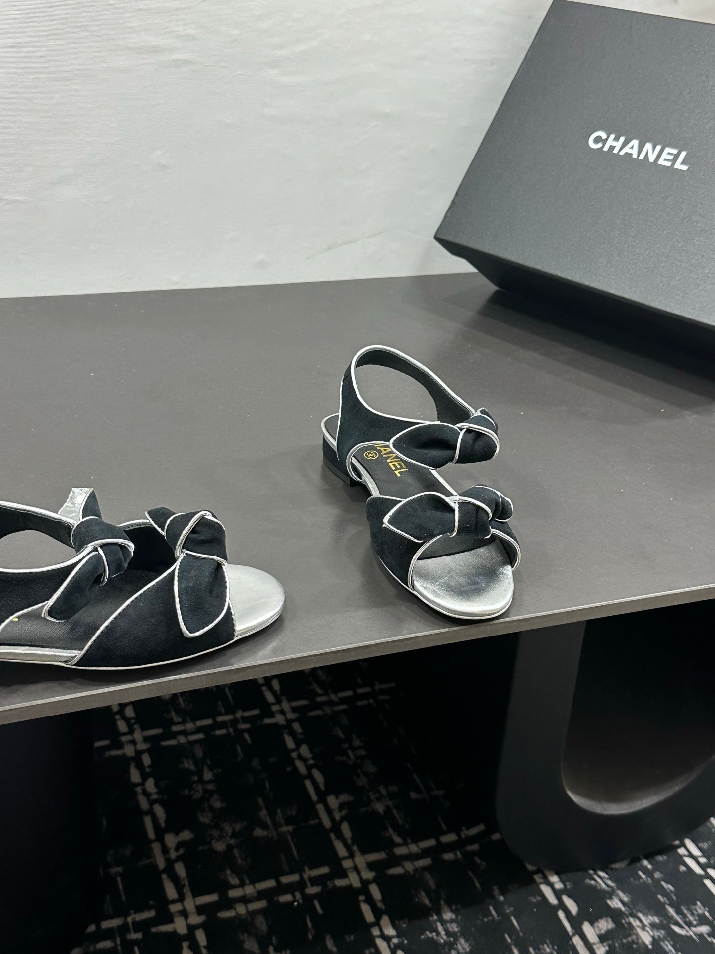 CHANEL 26S BOW SANDALS IN BLACK AND SILVER SUEDE