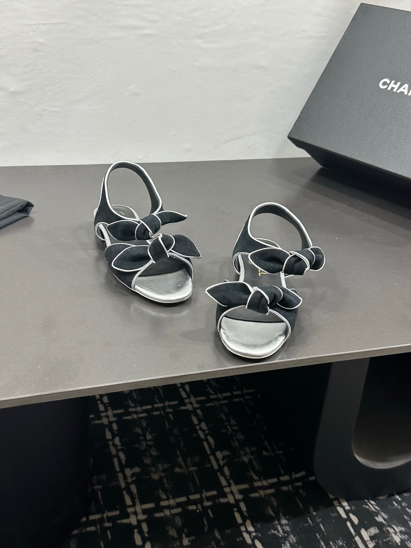 CHANEL 26S BOW SANDALS IN BLACK AND SILVER SUEDE