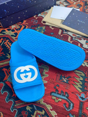 GG INTERLOCKING G SLIDE SANDAL BRIGHT BLUE RUBBER
