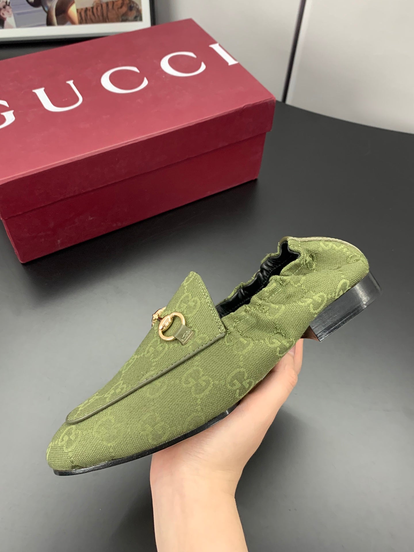 GUCCI 26S LOAFERS IN MOSS GREEN CANVAS