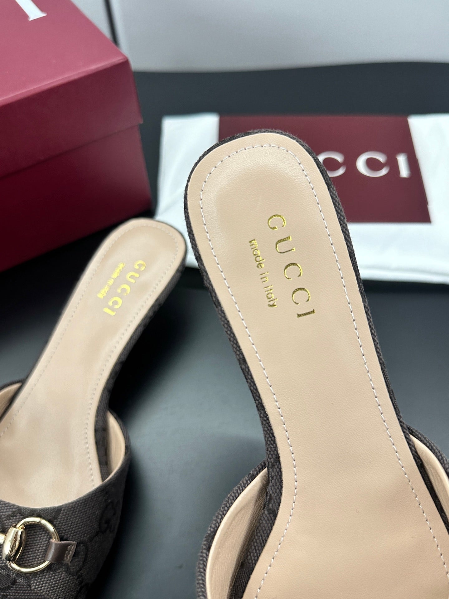 GUCCI 26S HIGH-HEELED SANDALS 50 MM IN DARK BROWN CANVAS
