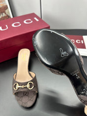 GUCCI 26S HIGH-HEELED SANDALS 50 MM IN DARK BROWN CANVAS