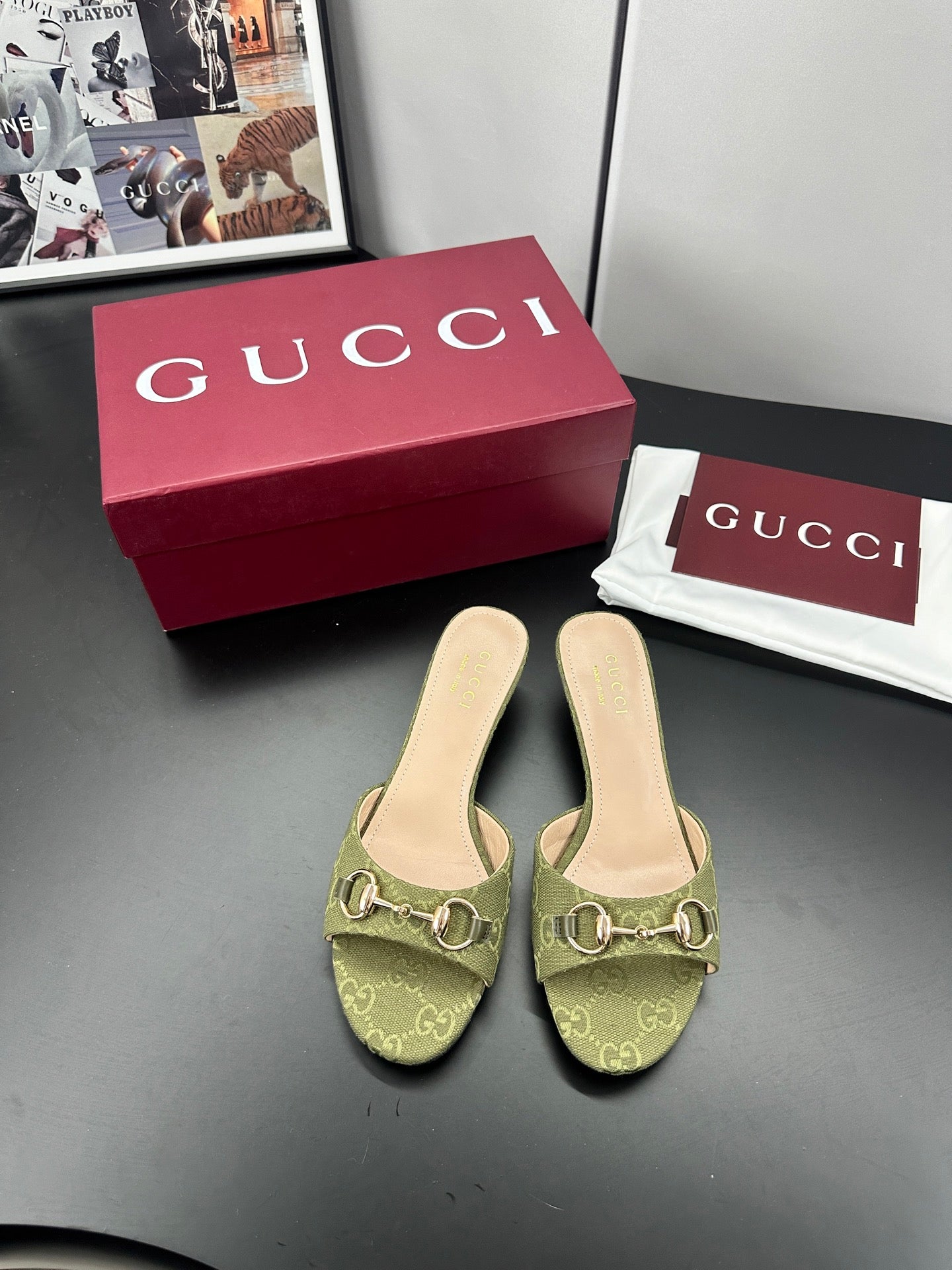 GUCCI 26S HIGH-HEELED SANDALS 50 MM IN MOSS GREEN CANVAS