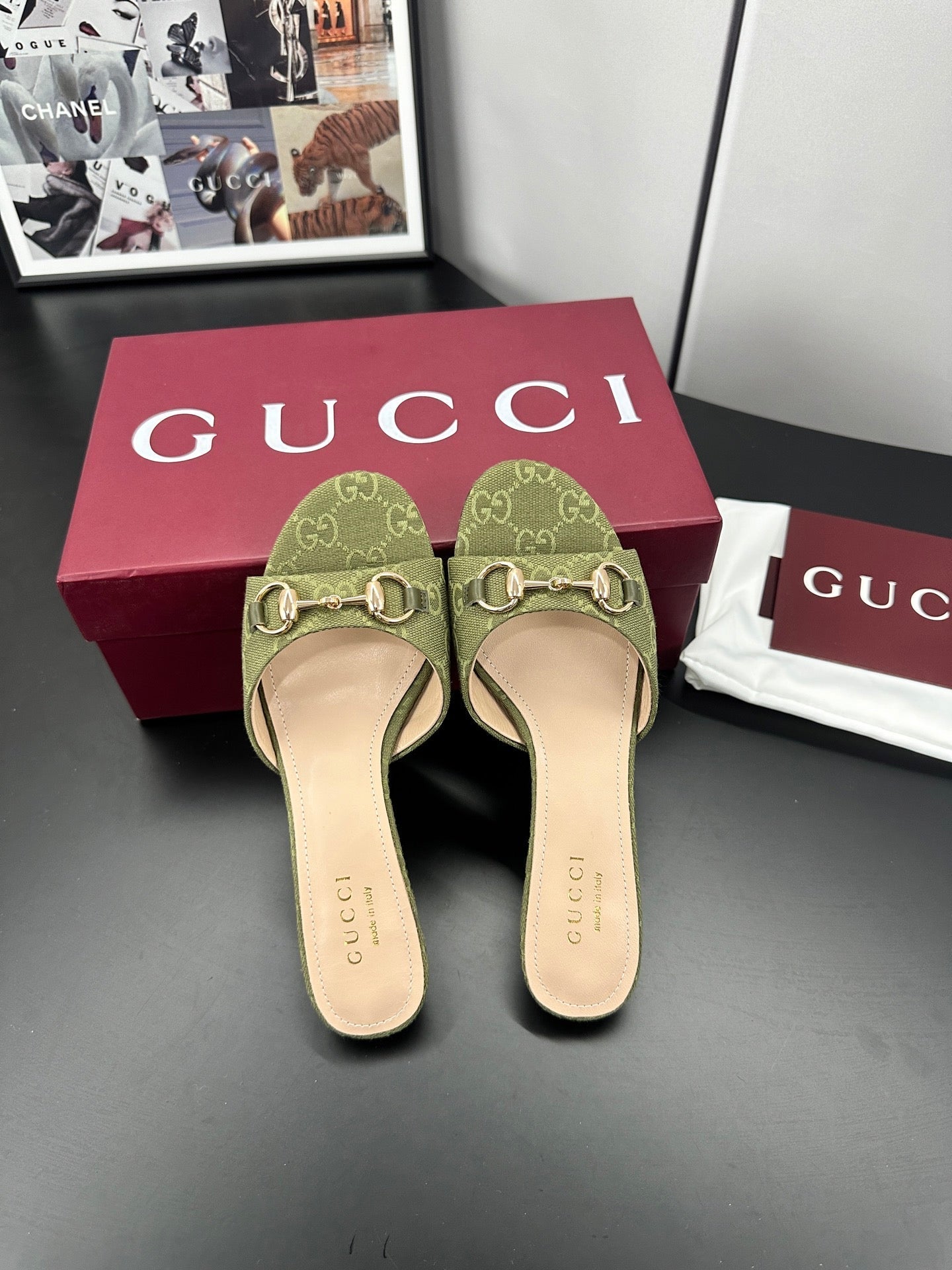 GUCCI 26S HIGH-HEELED SANDALS 50 MM IN MOSS GREEN CANVAS