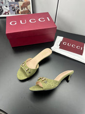 GUCCI 26S HIGH-HEELED SANDALS 50 MM IN MOSS GREEN CANVAS
