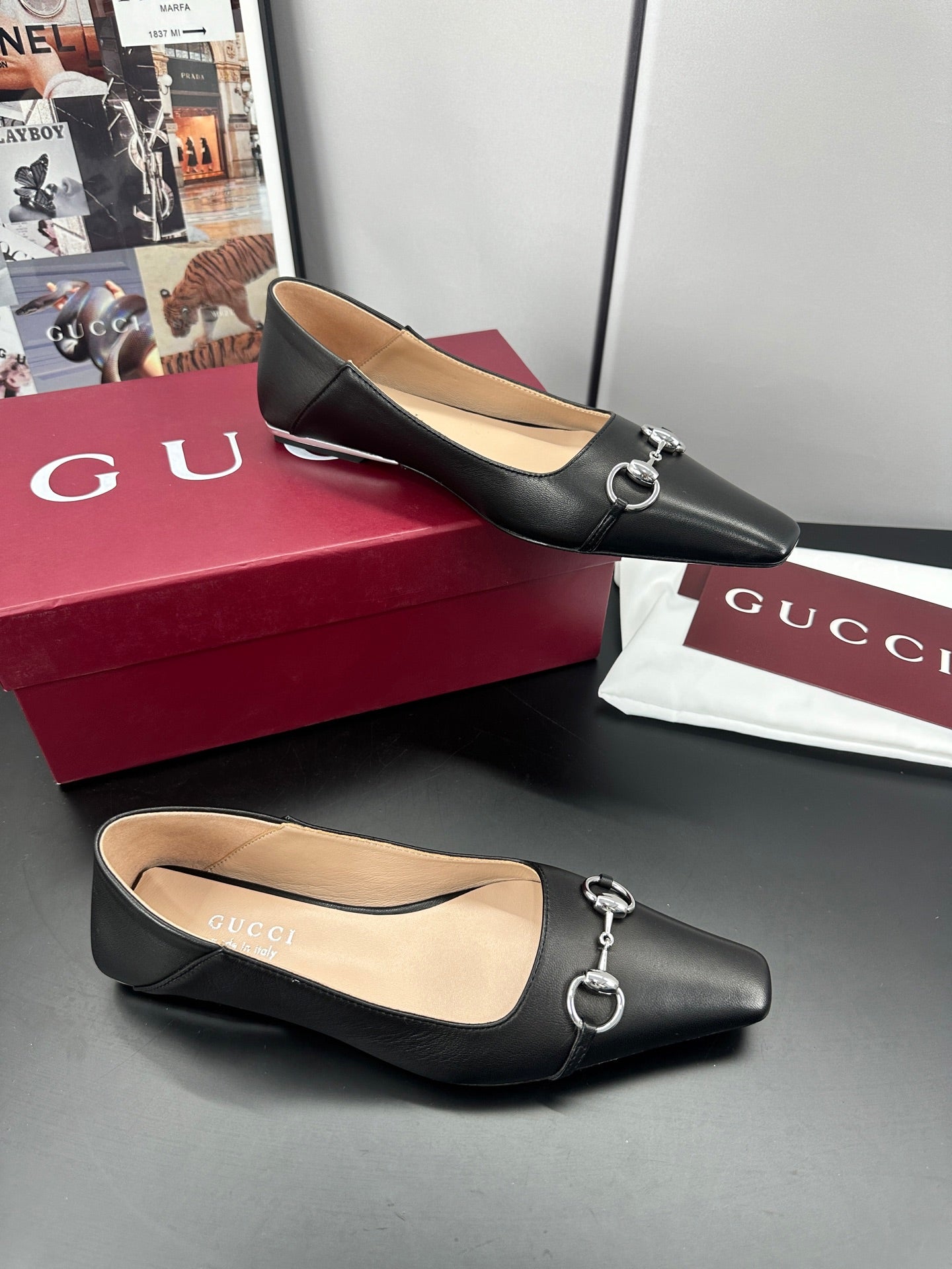 GUCCI 26S VITTORIA BALLERINA SHOES IN BLACK CALFSKIN