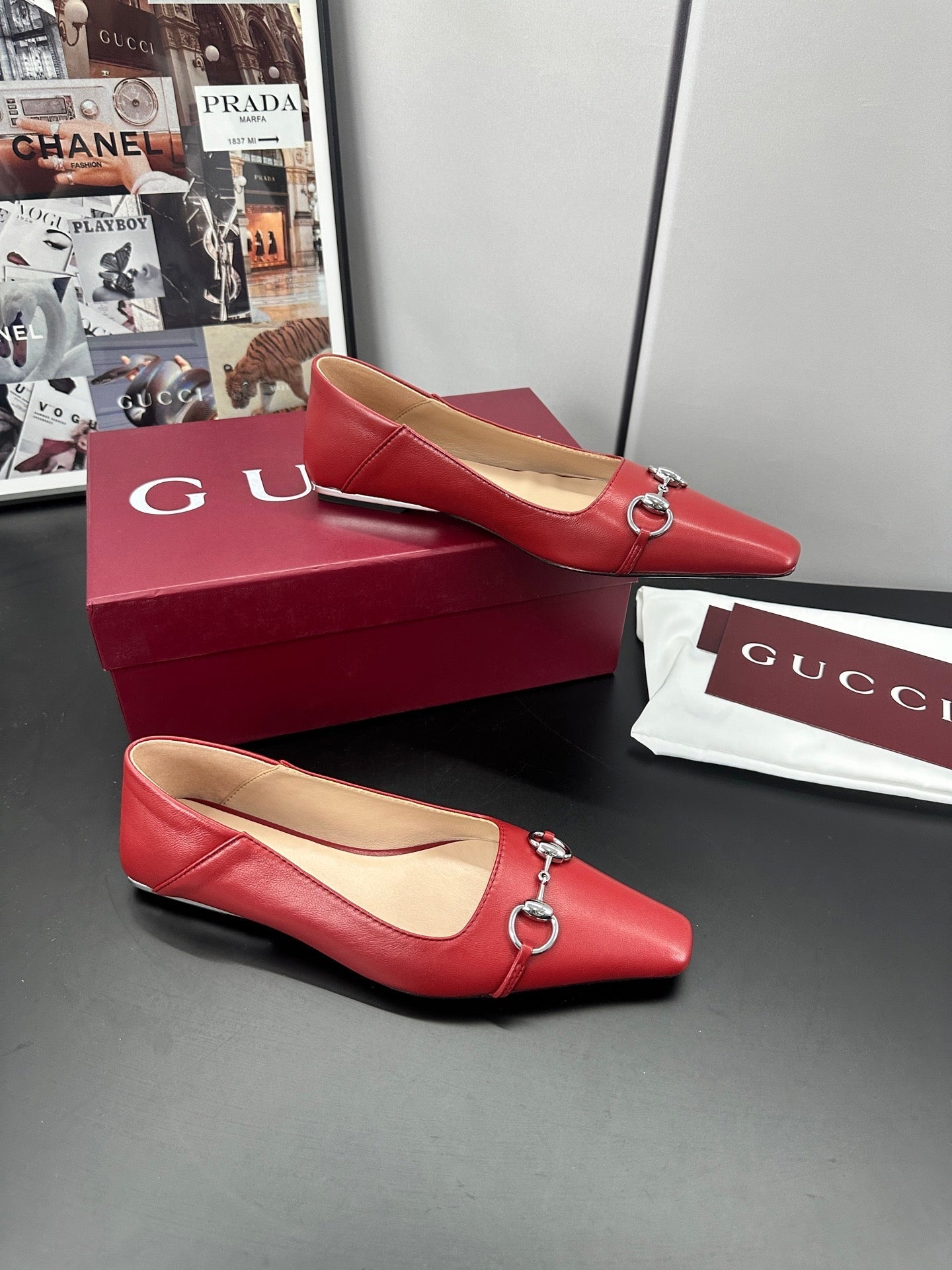 GUCCI 26S VITTORIA BALLERINA SHOES IN RED CALFSKIN
