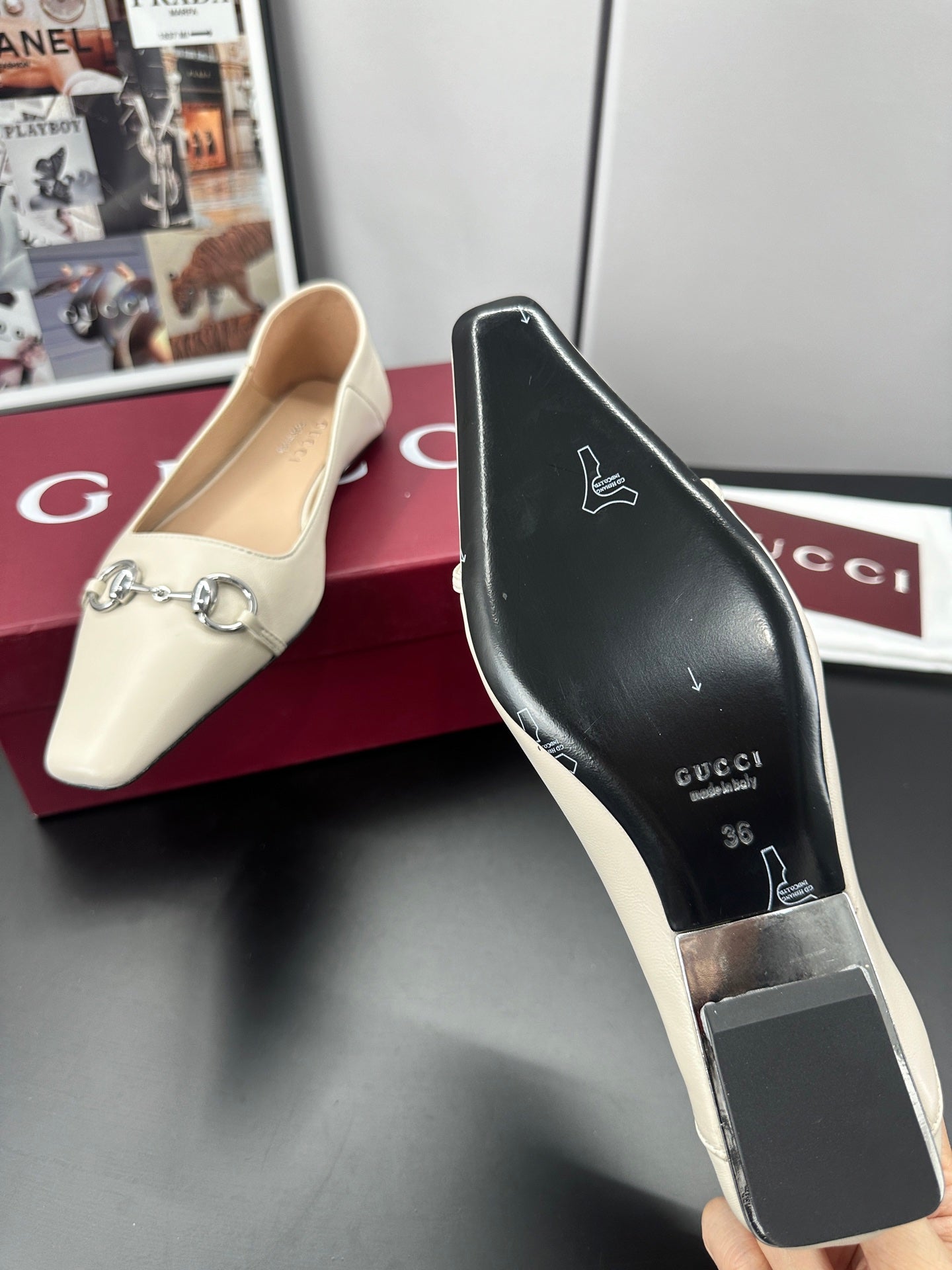 GUCCI 26S VITTORIA BALLERINA SHOES IN CREAM WHITE CALFSKIN
