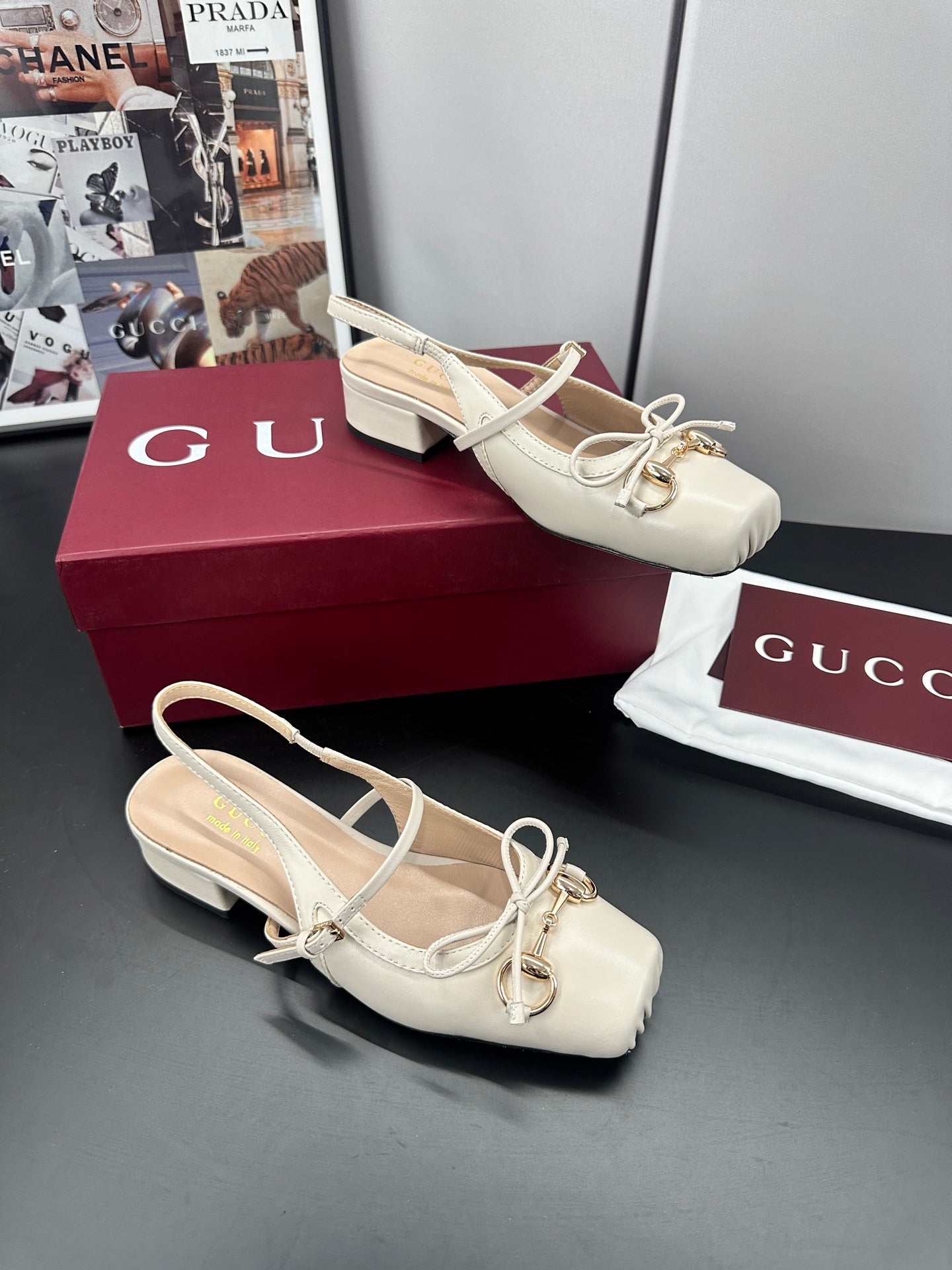 GUCCI 26S SLINGBACK 25 MM IN CREAM WHITE CALFSKIN