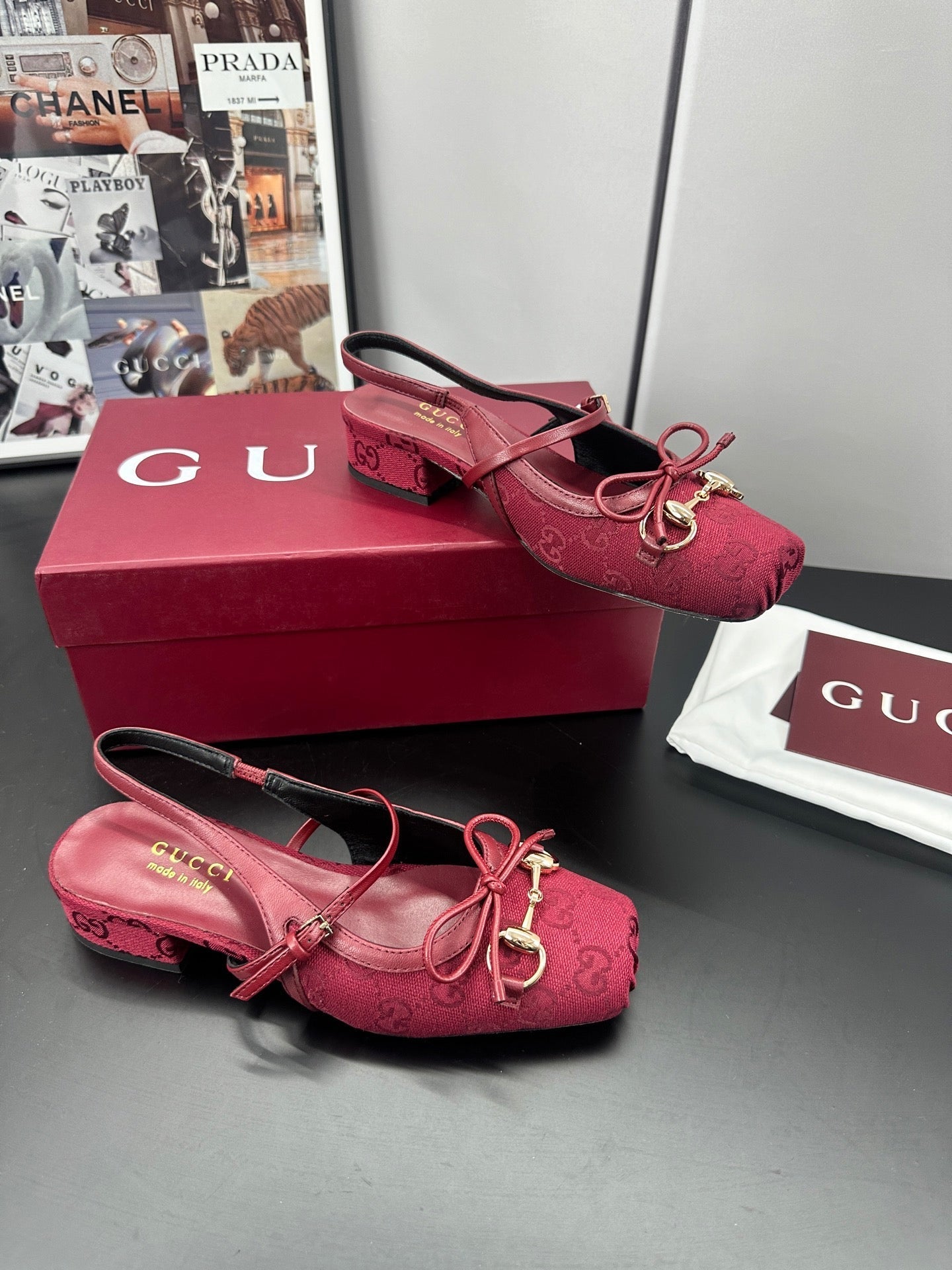 GUCCI 26S SLINGBACK 25 MM IN RED CANVAS