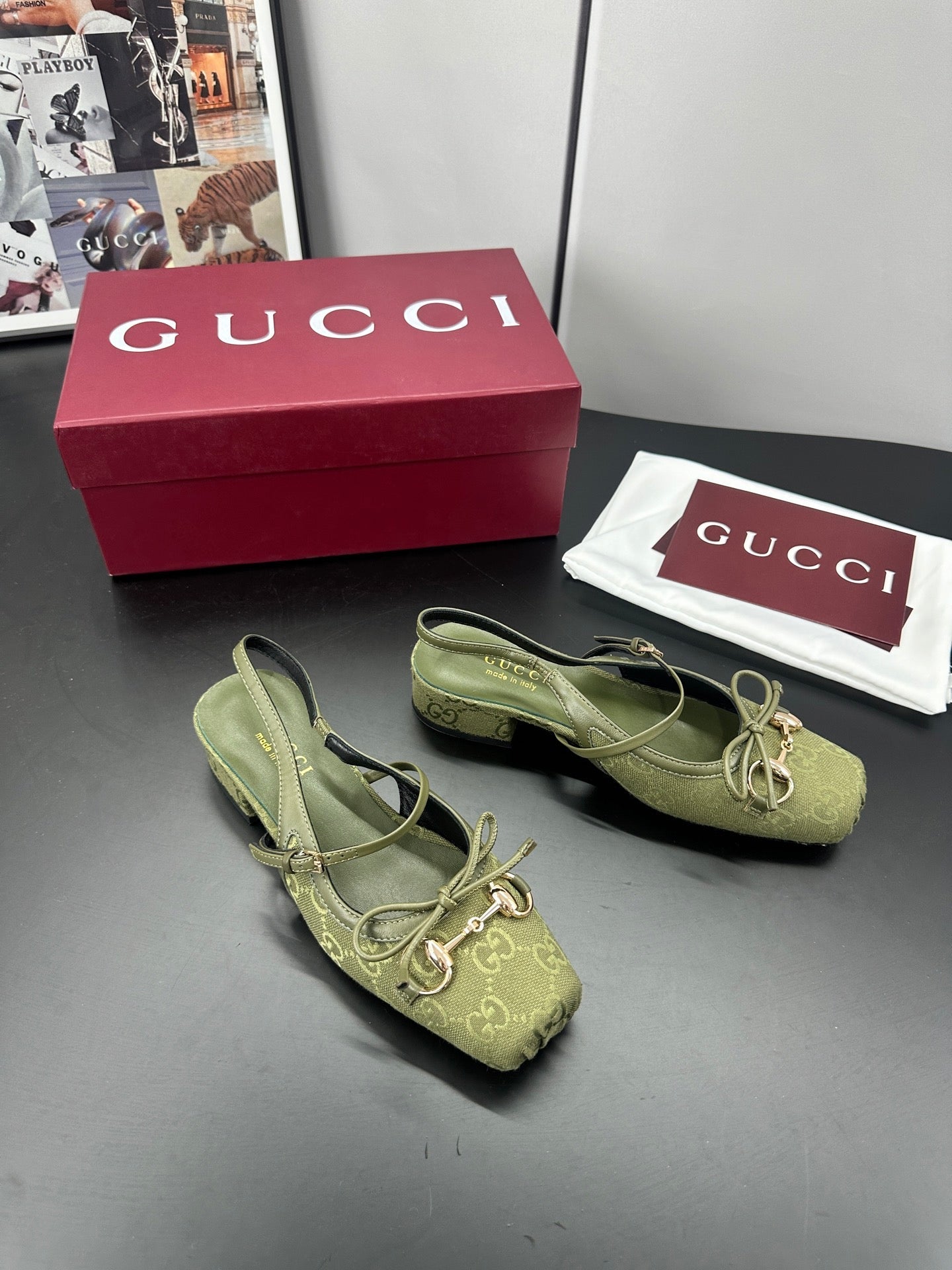 GUCCI 26S SLINGBACK 25 MM IN MOSS GREEN CANVAS