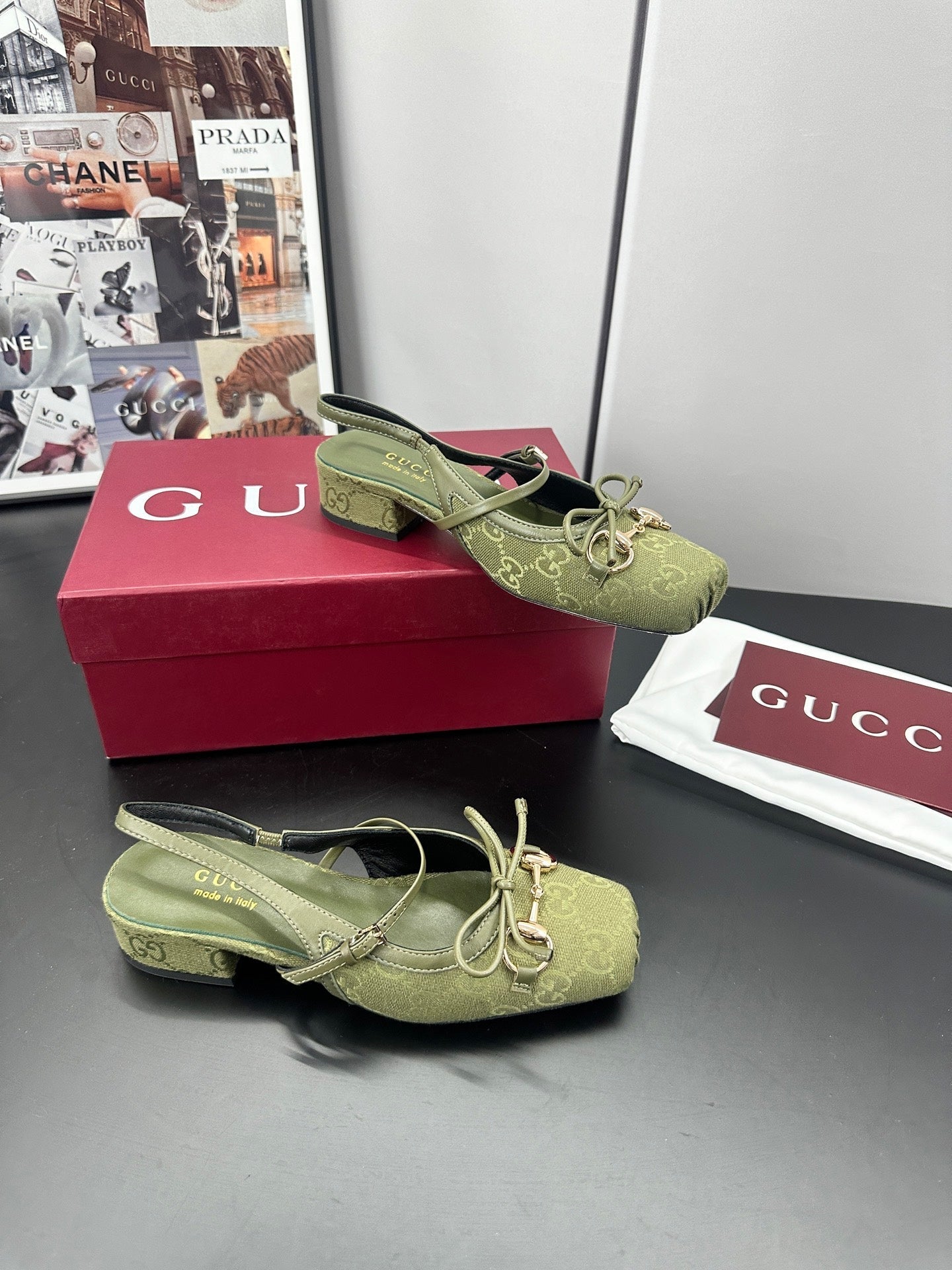 GUCCI 26S SLINGBACK 25 MM IN MOSS GREEN CANVAS