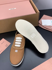 MIUMIU 26S LACE UP SNEAKERS IN CARAMEL BROWN CANVAS RUBBER SOLE
