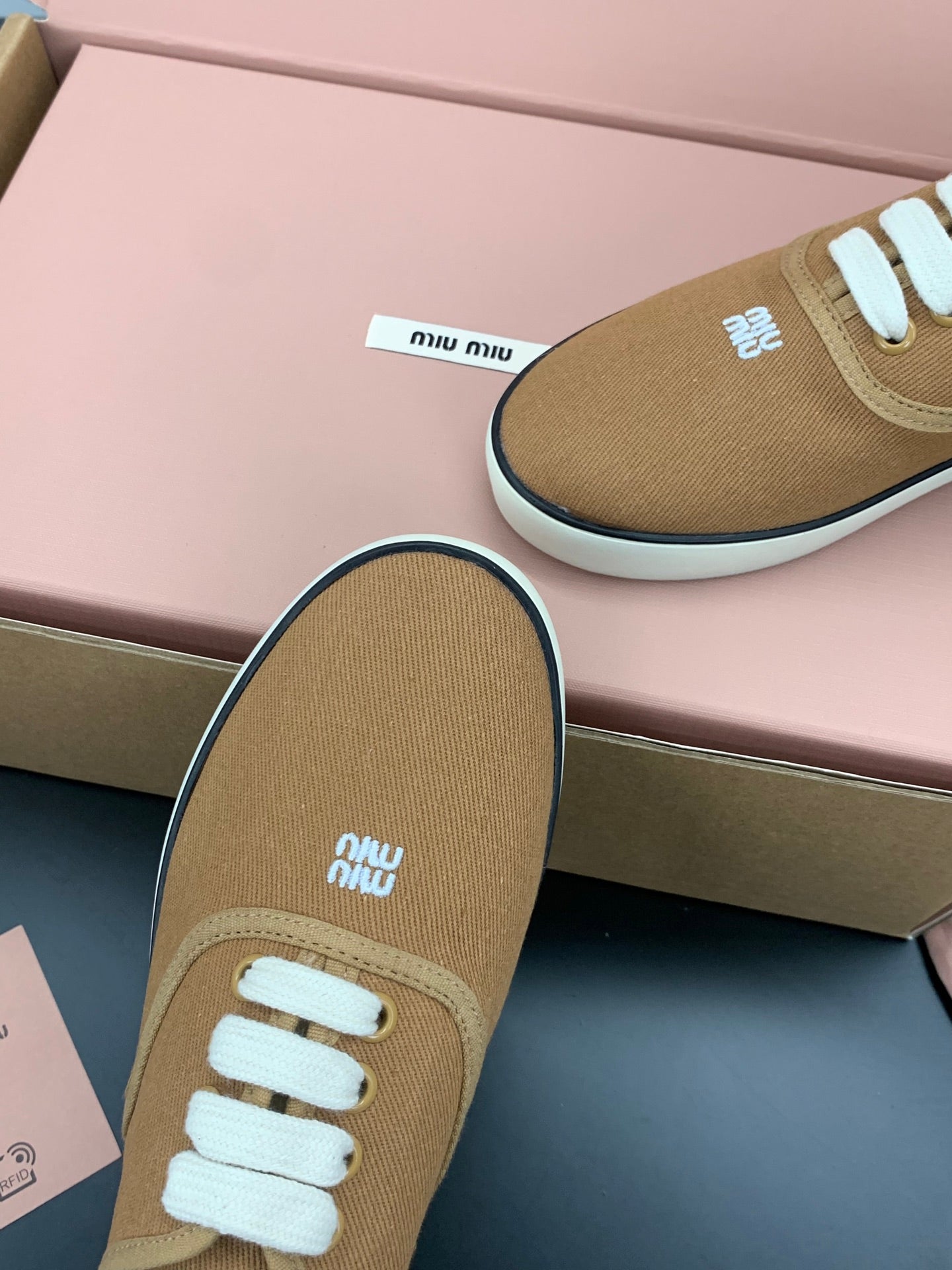 MIUMIU 26S LACE UP SNEAKERS IN CARAMEL BROWN CANVAS RUBBER SOLE