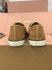 MIUMIU 26S LACE UP SNEAKERS IN CARAMEL BROWN CANVAS RUBBER SOLE