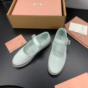 MIUMIU 26S MARY JANE FLATS IN PALE MINT CANVAS LOGO