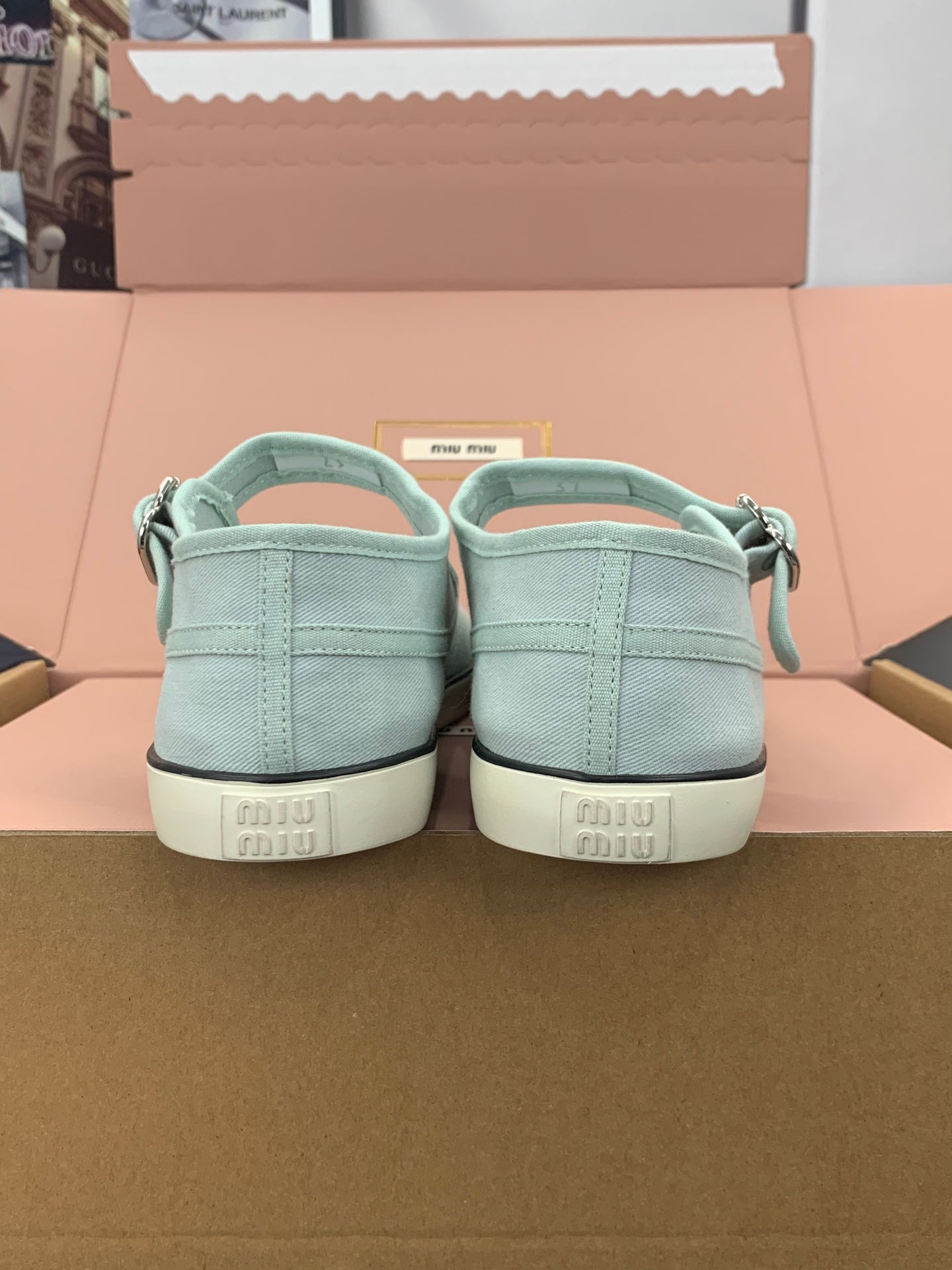 MIUMIU 26S MARY JANE FLATS IN PALE MINT CANVAS LOGO