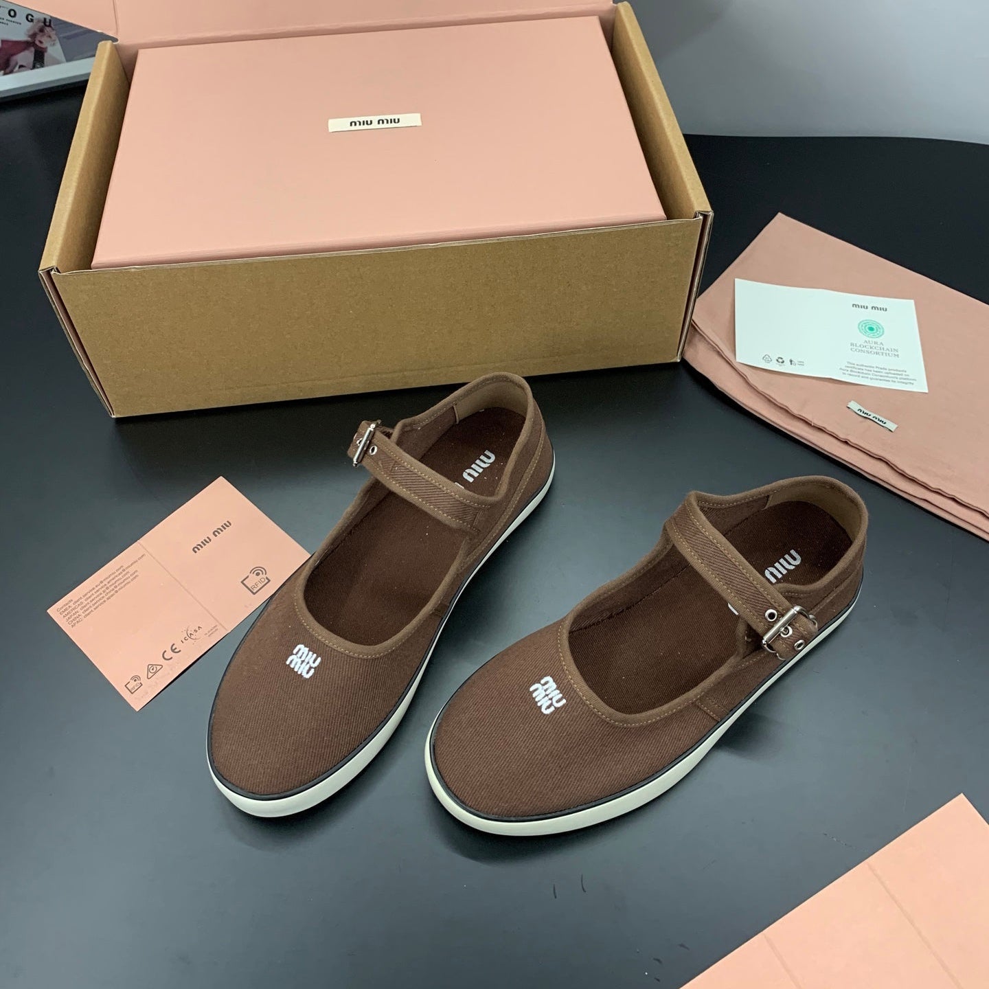 MIUMIU 26S MARY JANE FLATS IN DARK BROWN CANVAS LOGO