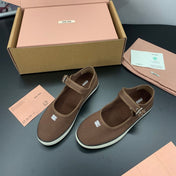 MIUMIU 26S MARY JANE FLATS IN DARK BROWN CANVAS LOGO