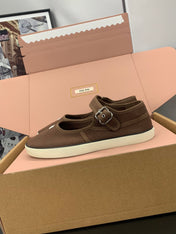 MIUMIU 26S MARY JANE FLATS IN DARK BROWN CANVAS LOGO