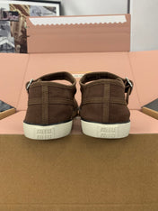 MIUMIU 26S MARY JANE FLATS IN DARK BROWN CANVAS LOGO
