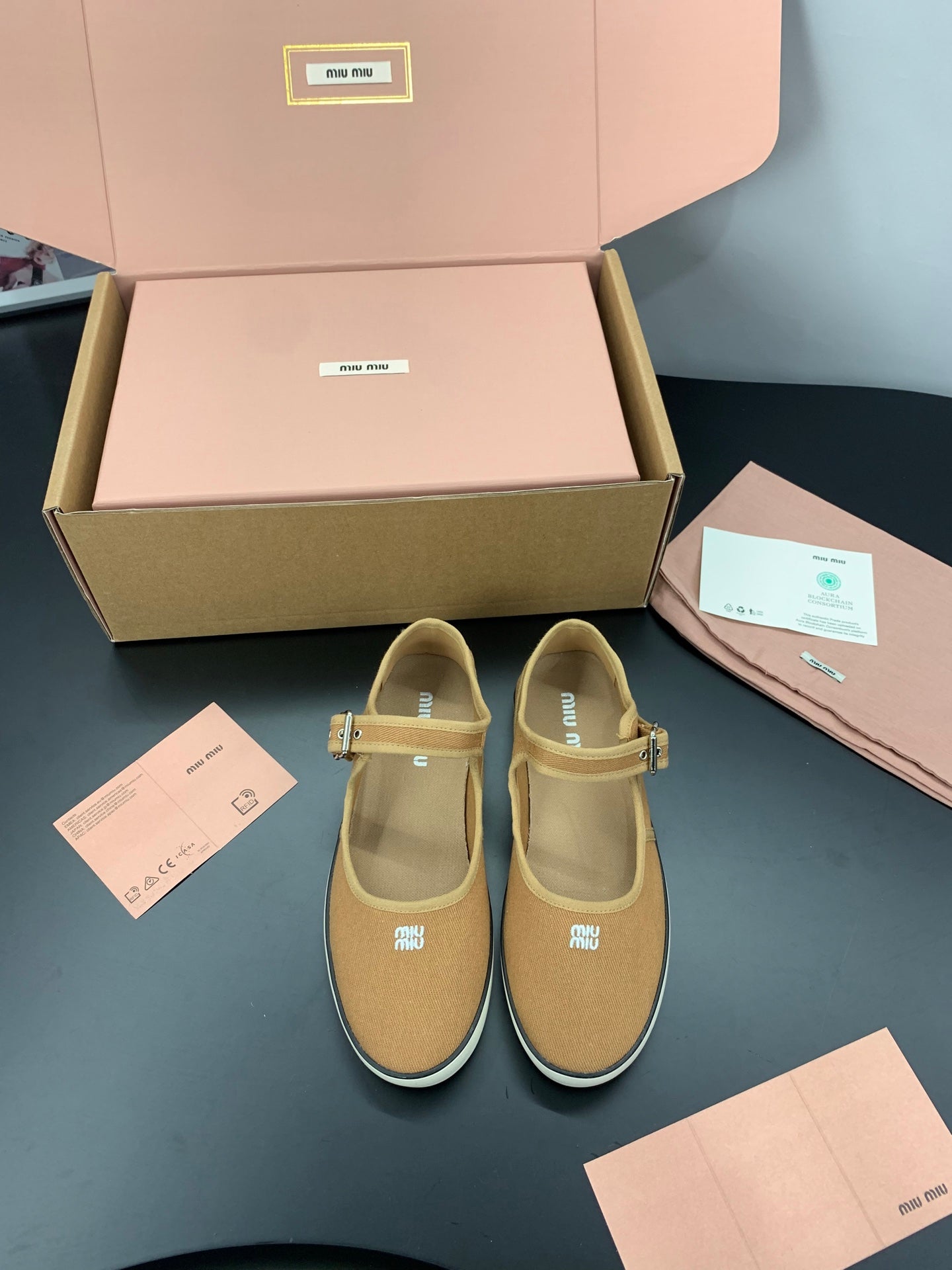 MIUMIU 26S MARY JANE FLATS IN CARAMEL BROWN CANVAS LOGO