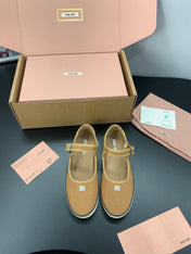 MIUMIU 26S MARY JANE FLATS IN CARAMEL BROWN CANVAS LOGO