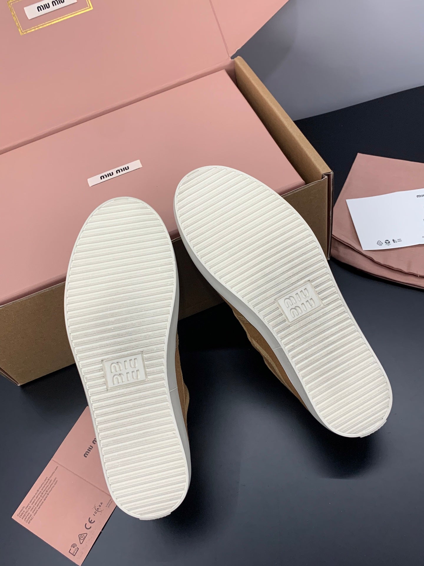 MIUMIU 26S MARY JANE FLATS IN CARAMEL BROWN CANVAS LOGO