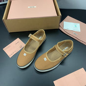 MIUMIU 26S MARY JANE FLATS IN CARAMEL BROWN CANVAS LOGO