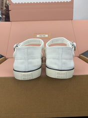 MIUMIU 26S MARY JANE FLATS IN WHITE CANVAS LOGO