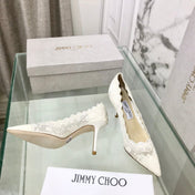 JIMMY CHOO 26S SCALLOPED LACE PUMP 85 MM IN WHITE FABRIC