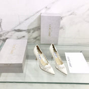 JIMMY CHOO 26S SCALLOPED LACE PUMP 85 MM IN WHITE FABRIC
