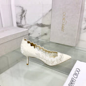 JIMMY CHOO 26S SCALLOPED LACE PUMP 65 MM IN WHITE FABRIC
