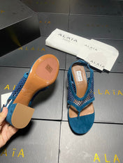 ALAIA 26S MESH THONG HEELS 55 MM IN PETROL BLUE SUEDE